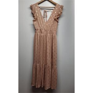 Lulus Midi Dress Women Size M Tan Silver Ruffle V-Neck Formal Party Wedding